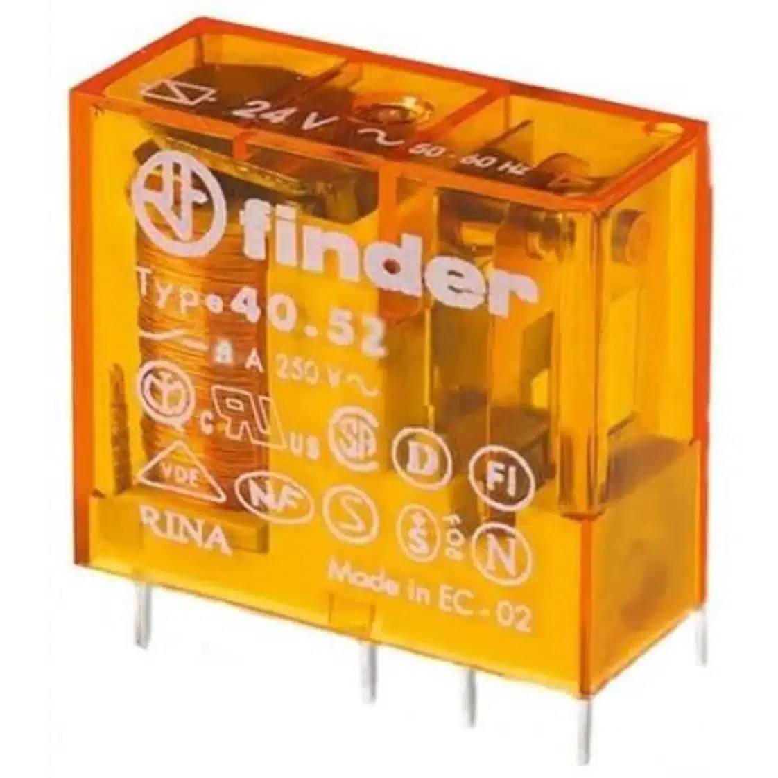 FINDER 230VAC 8 pin DPDT miniature relay with through-hole pins for socket mounting